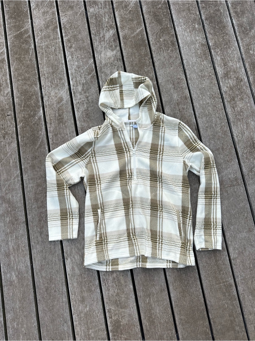 O'Neill Women's Hooded quarterzip Plaid Sweatshirt in Cream & Tan